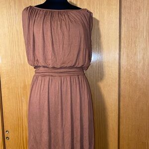 Lush Brown Ruched Maxi Dress with Bateau Neckline